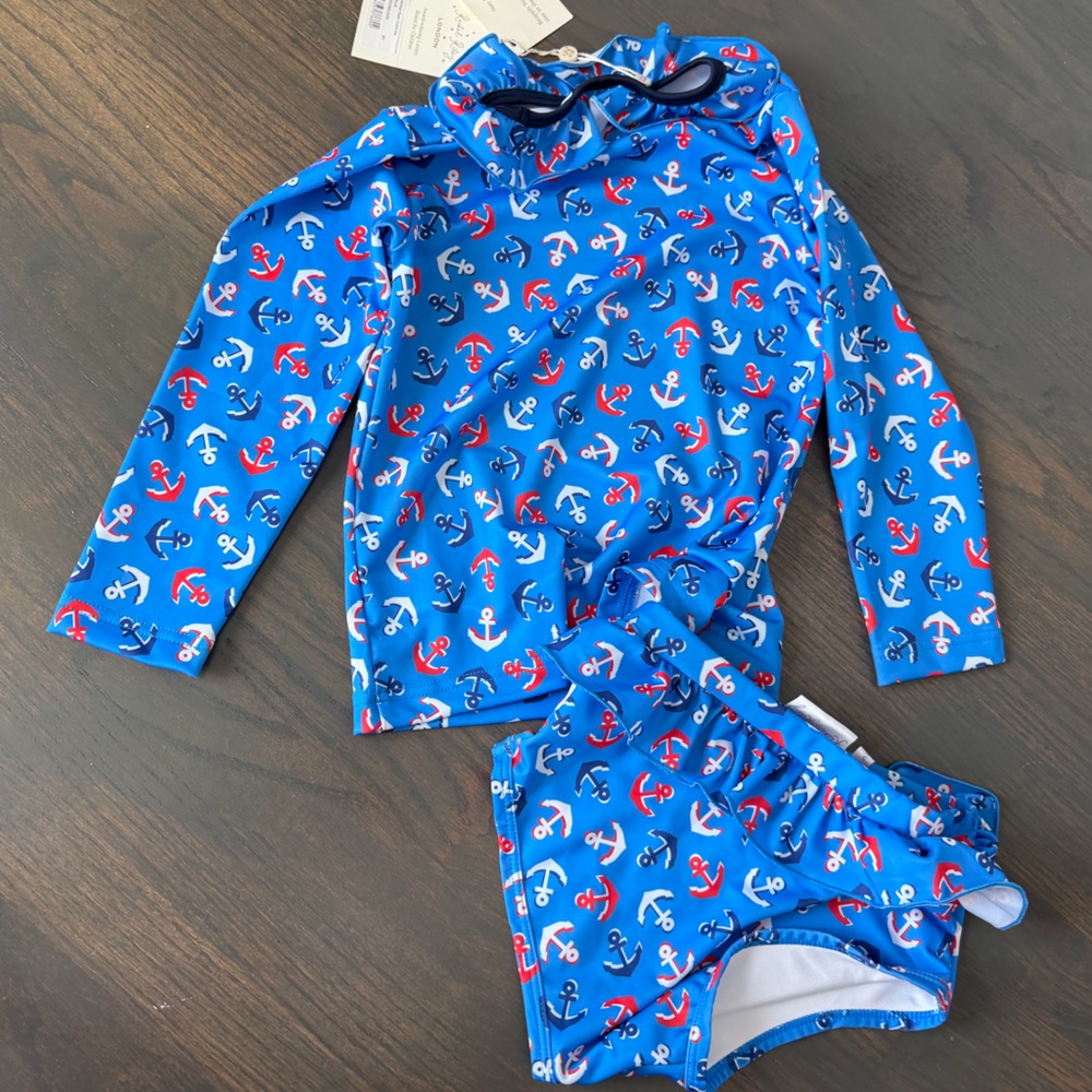 Rachel Riley Blue Anchor Print Rash Guard Set - Picture 3 of 3